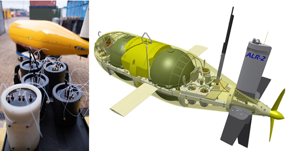 Left: photograph of Lab on chip chemical sensors (foreground) with Autonomous Underwater Vehicle (submarine) Autosub long range behind. Right CAD model showing Autosub long range with seven Lab On Chip nutrient sensors in the nose and four Lab On Chip and one electrochemical sensor for the ocean carbonate (CO2) system at the stern. [&copy;NOC]